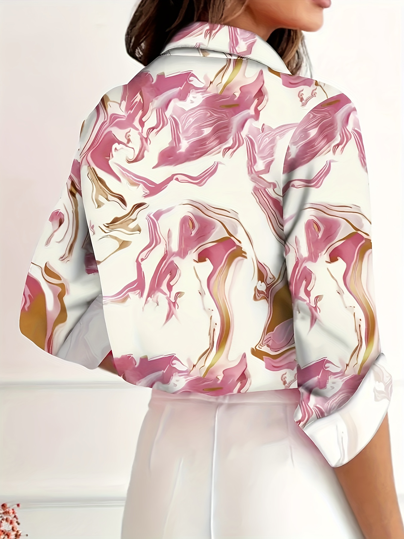 Women's Button-Down Shirt, Casual Long Sleeve Blouse with Pink Gold Marble Print, Turn-Down Collar, Slim Fit Top for Office and Daily Wear-gemscharms
