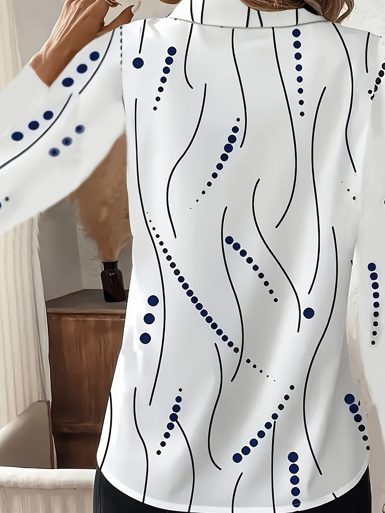 Women's Loose Fit Long Sleeve Shirts, Abstract Curve Stripe Dot Print Button‑Down Blouse , Casual Daily Tunic Tops-gemscharms
