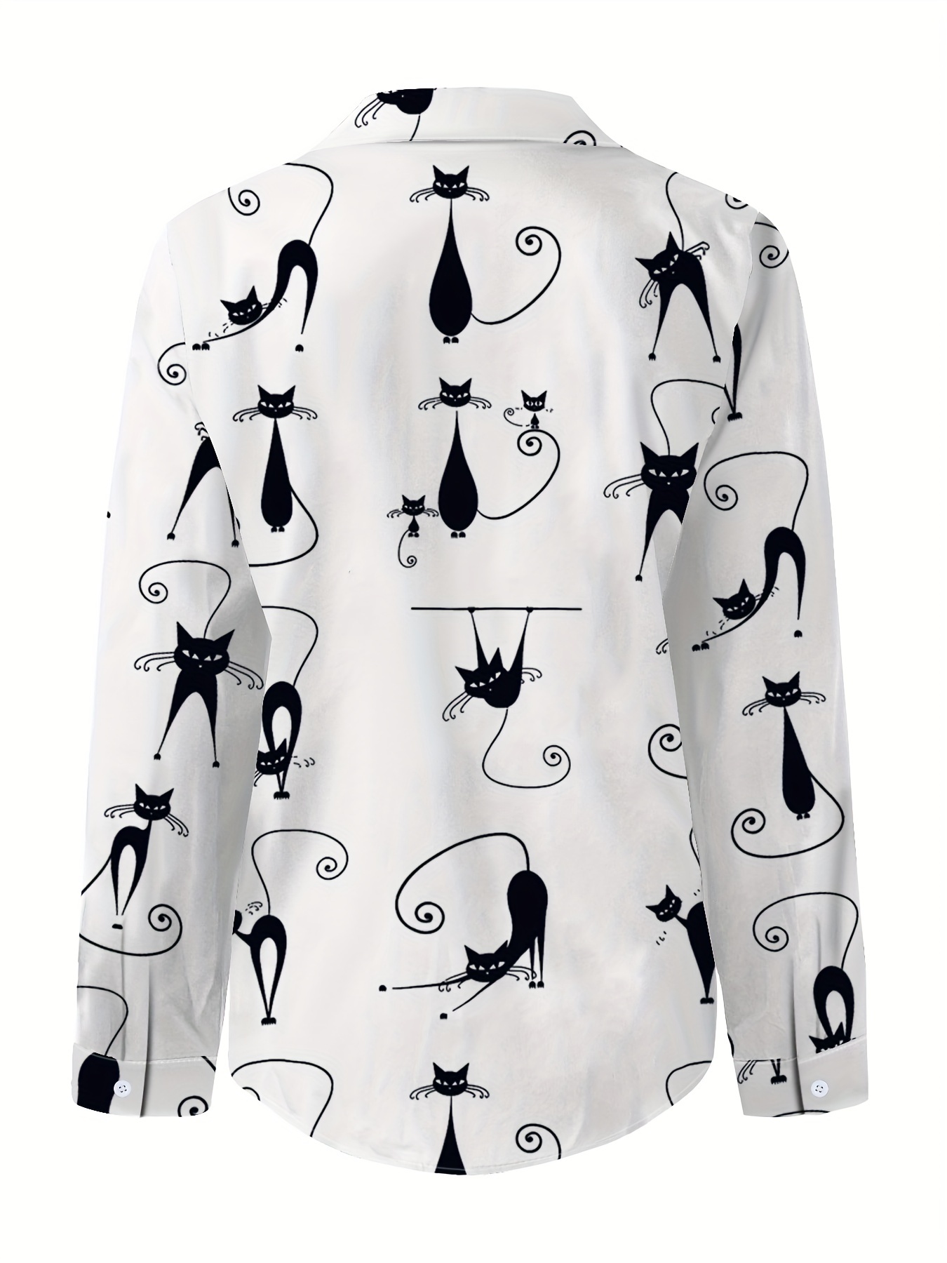 Women's Funny Black Cat Print Long‑Sleeve Shirt, Casual Button‑Down V‑Neck Blouse, Cute Cat Lover Daily Wear Tops-gemscharms