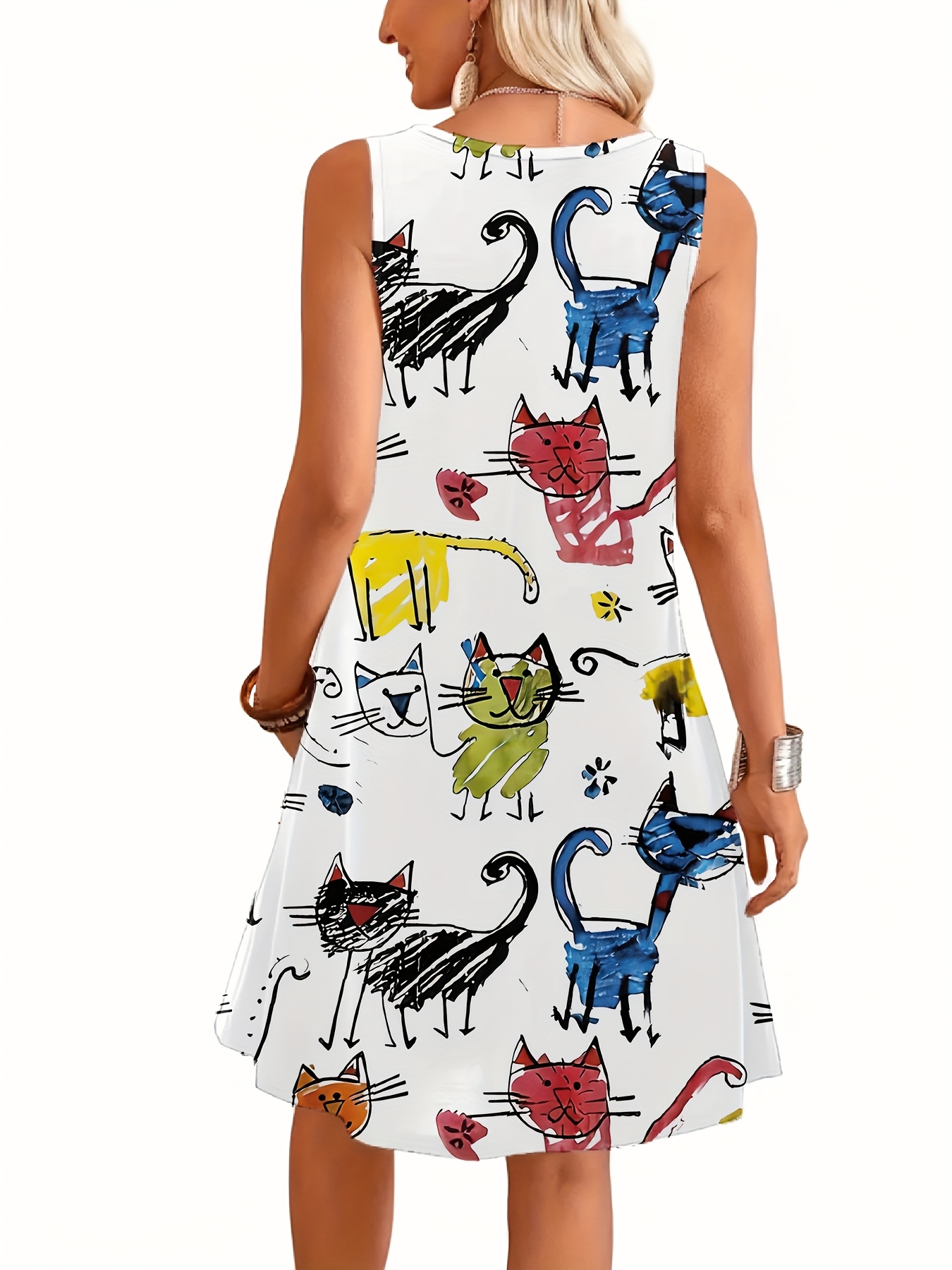 Women's Cute Cat Print Sleeveless Dress – Casual Loose Fit A-Line Summer Dress with Artistic Animal Pattern, Lightweight Tunic Dress for Daily Wear, Vacation & Beach Style