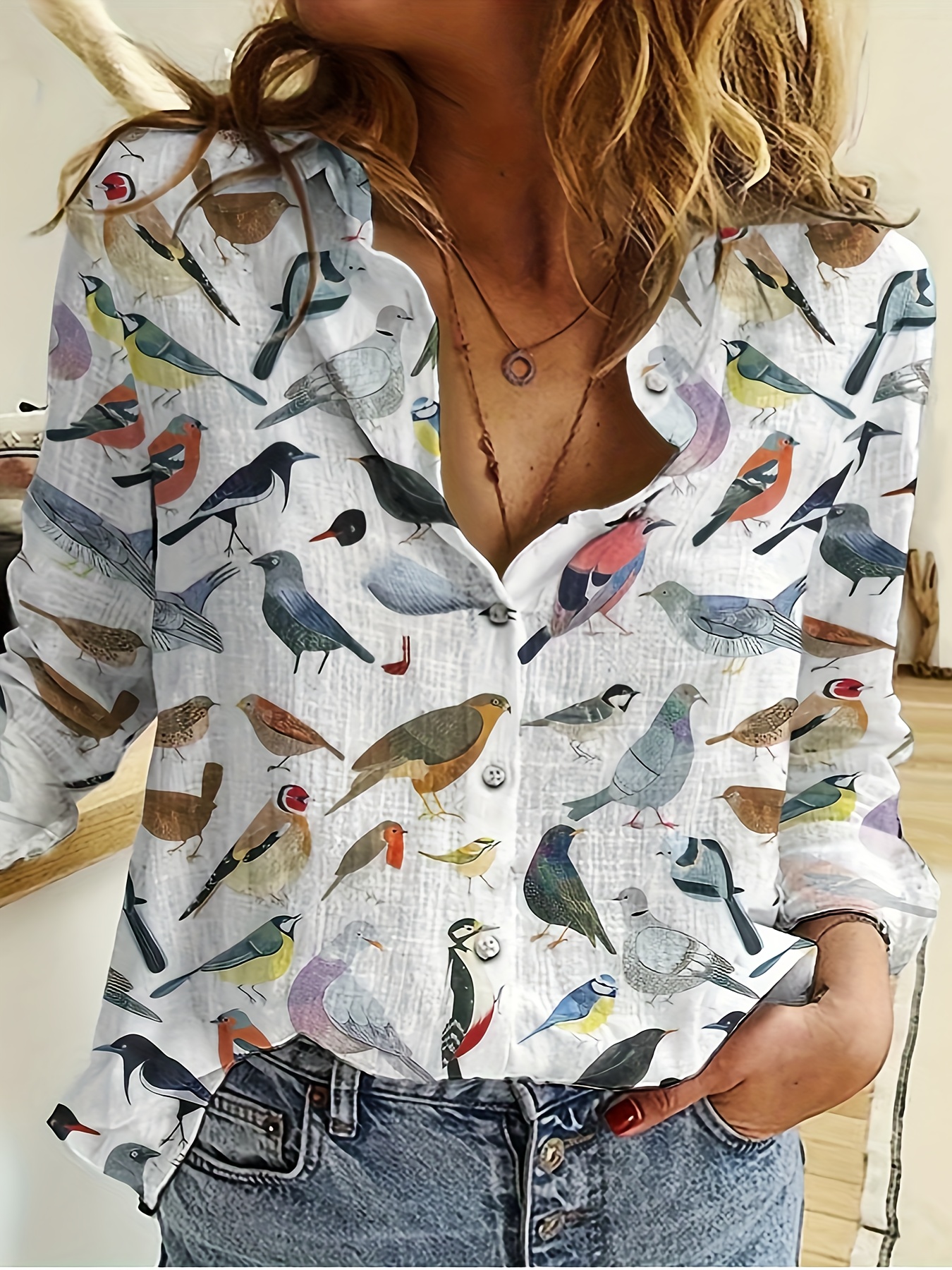 Women's Bird Print Button Down Shirt Long Sleeve Casual Blouse, Colorful Floral Animal Printed Tops, Lightweight Loose Fit Collared Shirt for Work Vacation and Everyday Wear-gemscharms