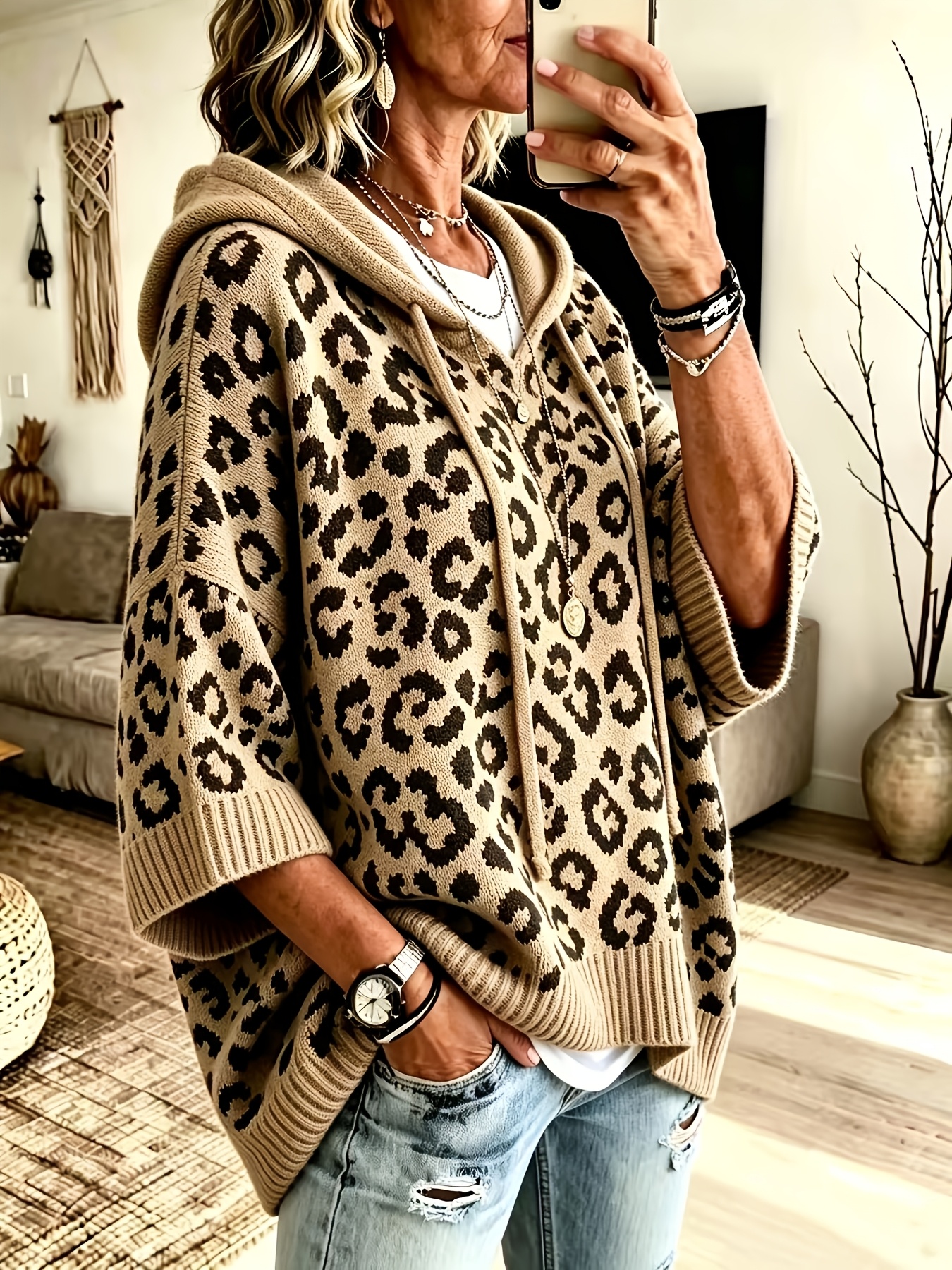 Women's Leopard Print Hooded Knit Sweater, Oversized Pullover Poncho Top, Loose 3/4 Sleeve Casual Fall Winter Jumper, Cozy Animal Print Hoodie Sweater