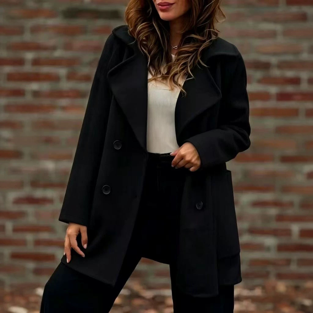 Women's Double Breasted Pea Coat – Elegant Lapel Collar Long Sleeve Jacket for Fall & Winter