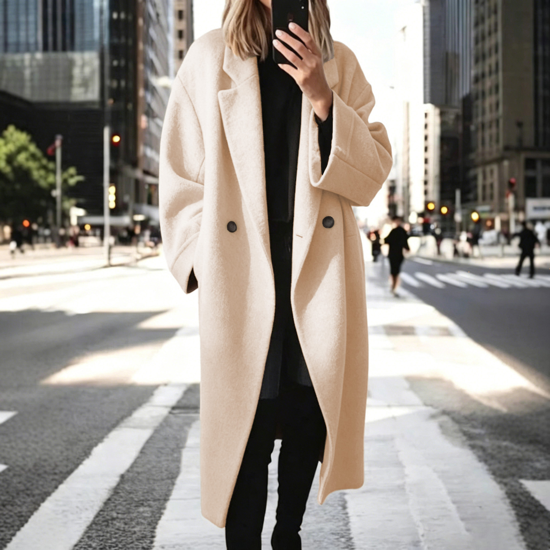 Women's Long Double Breasted Coat – Oversized Lapel Collar Jacket for Fall Winter