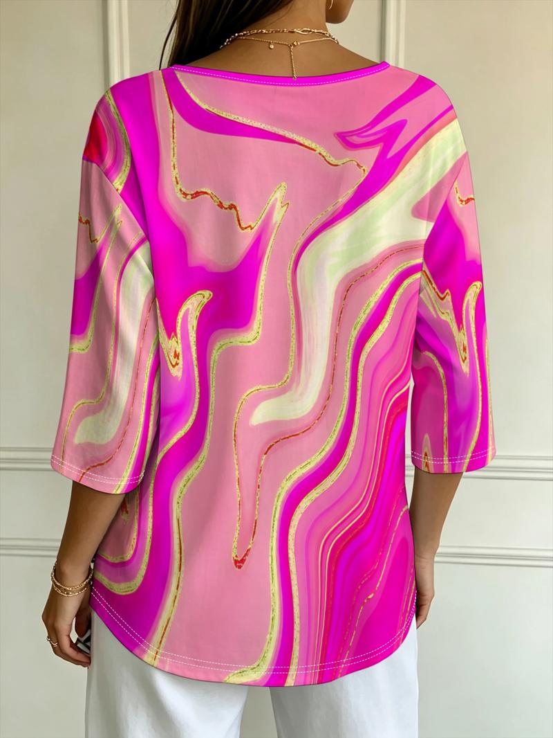 Women’s Abstract Print Short Sleeve Tops, Colorful Loose Fit Blouse Shirt with Artistic Wave Pattern, Casual Summer Tunic Top for Women, Vacation Beach Everyday Wear