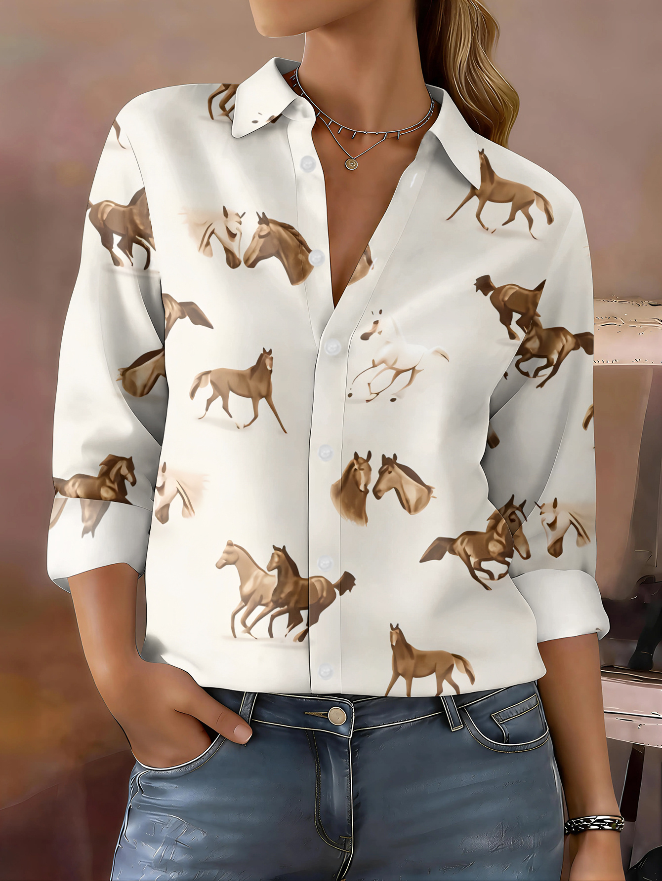Women's Horse Print Button Down Shirt Long Sleeve Casual Blouse, Elegant Animal Pattern Loose Fit Tops, Lightweight Soft Shirt for Fall Spring Vacation Office Wear