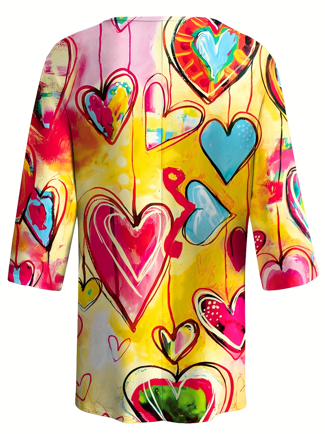 Women's Colorful Heart Print T Shirt, Short Sleeve Casual Blouse Tops, Abstract Graphic Loose Fit Summer Shirts, Artistic Printed Tees for Women Vacation Daily Wear-gemscharms