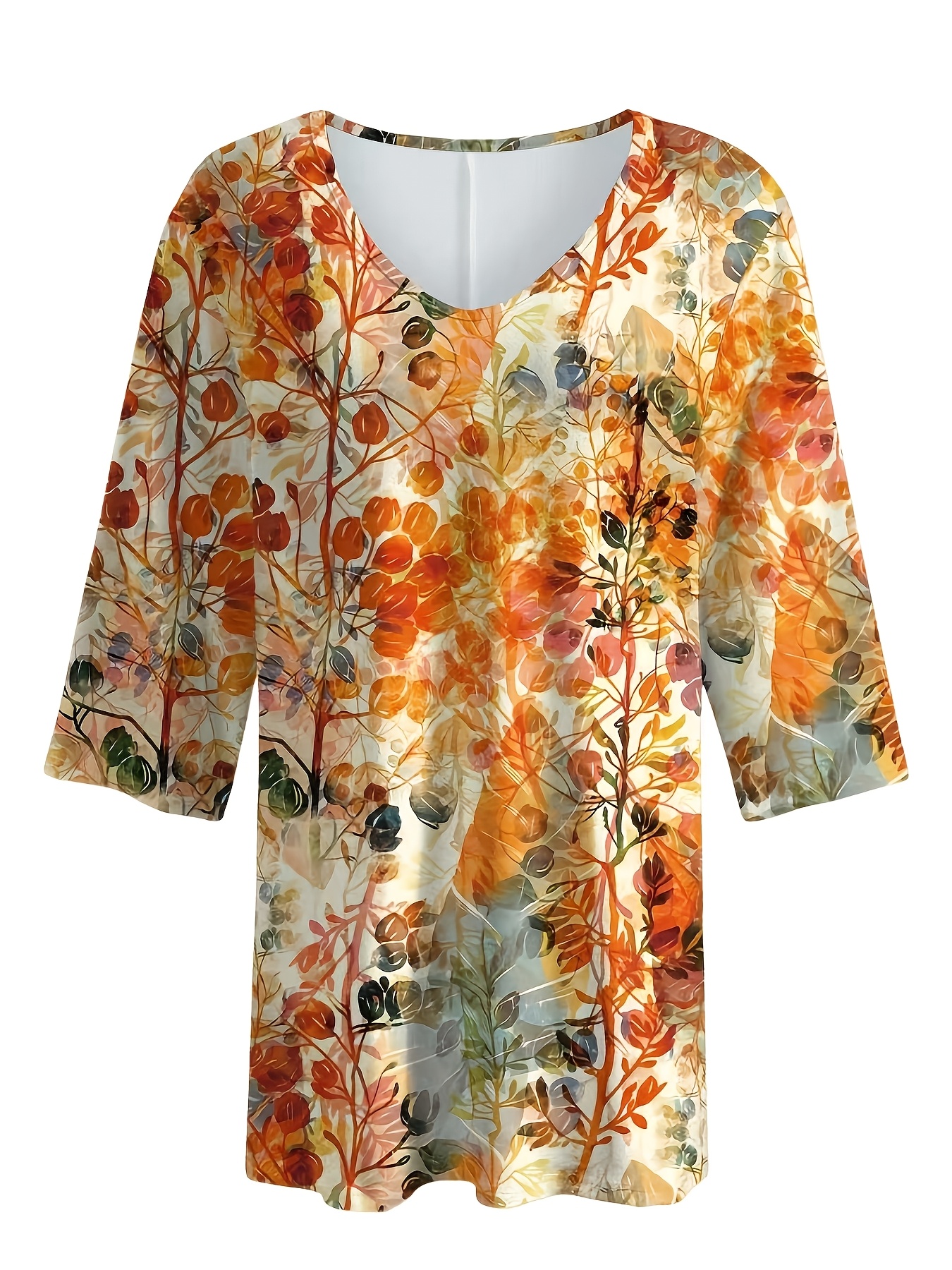 Women's Floral Printed Tunic Top – Casual Loose Fit Short Sleeve Blouse with Artistic Nature Pattern, Comfortable Summer Shirt for Daily Wear-gemscharms