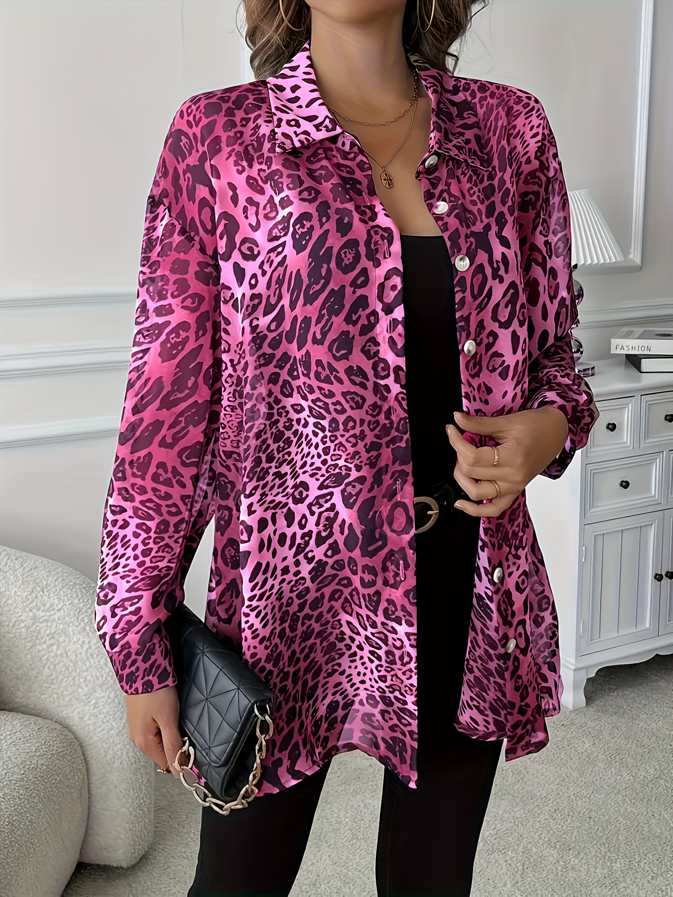 Women's Elegant Purple Leopard Print Blouse - Button-Front Blouse Shirt with Classic Collar, Non-Sticky Button Closure Long Sleeve Top for Office, Party, Everyday - Machine Washable Women's Clothing-gemscharms