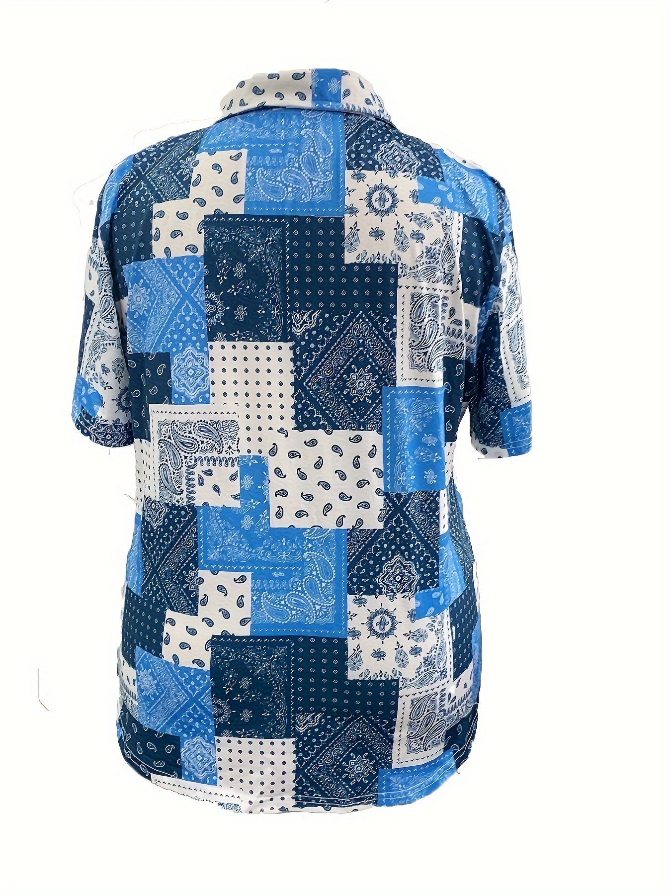Women's Plus Size Blue Patchwork Print Button Down Shirt – Short Sleeve Casual Blouse, Lightweight Loose Fit Summer Top