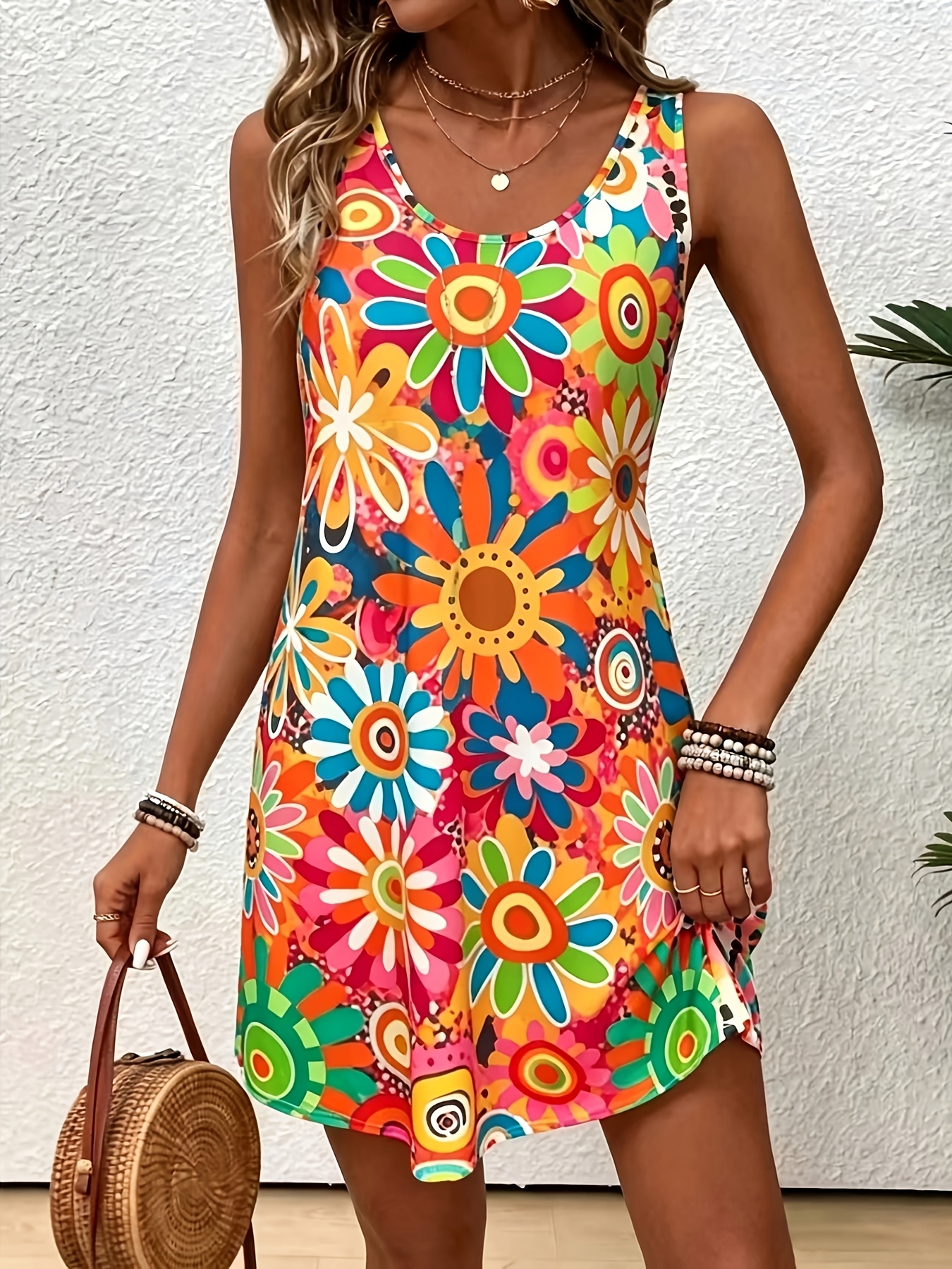 Women's Summer Floral Tank Dress Casual Sleeveless A Line Swing Mini Dress Colorful Printed Beach Dress for Vacation Daily Wear