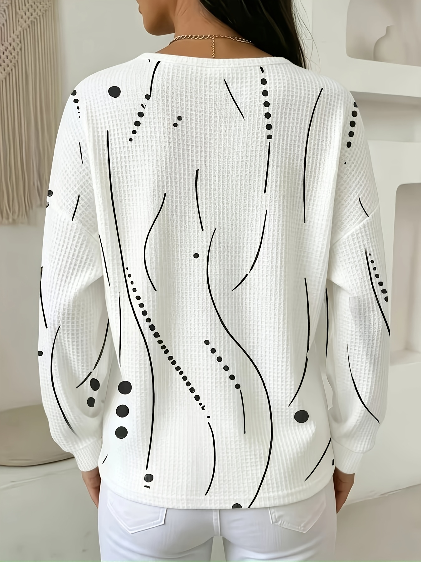 Women's Casual Waffle Knit Tops Long Sleeve Button Front Blouse, Abstract Print Round Neck Loose Fit Pullover Shirt, Lightweight Textured Fall Winter Casual Top
