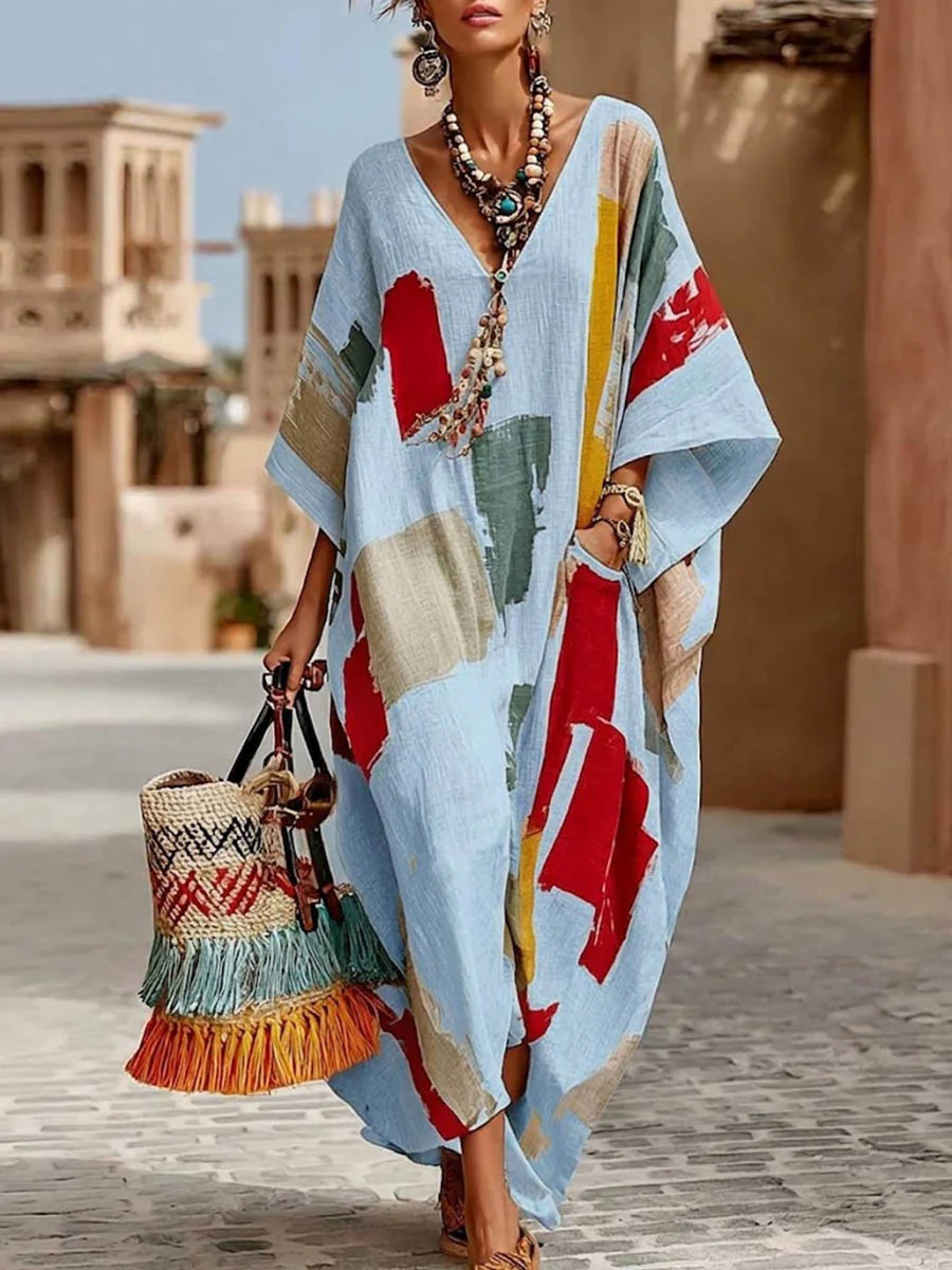 Women's Abstract Print Maxi Dress, Casual Loose Fit Bohemian Kaftan Dress, V Neck Short Sleeve Oversized Tunic Dress for Summer Vacation