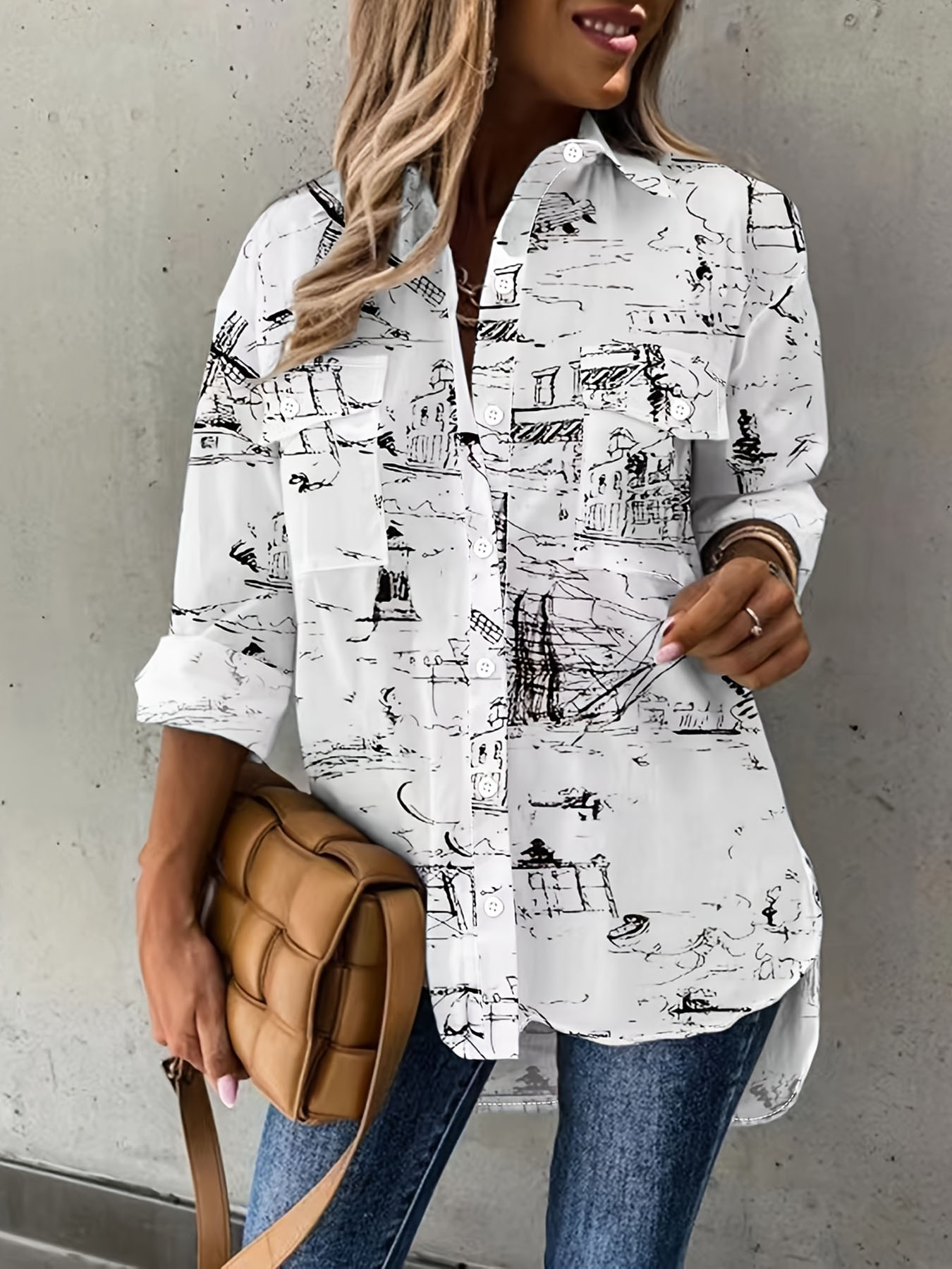 Women's Vintage Sketch Print Button Down Shirt – Casual Long Sleeve Blouse for Everyday Style
