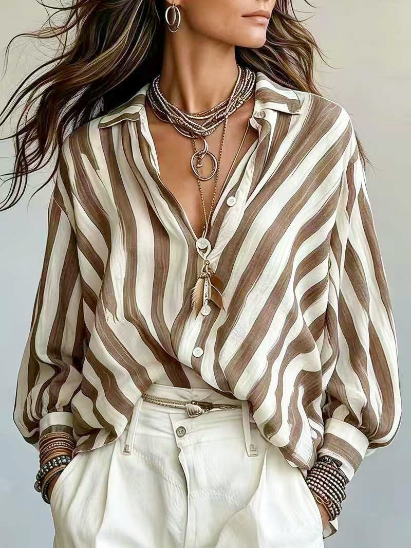 Women's Blue Striped Button Down Shirt Long Sleeve Casual Blouse Loose Fit Collared Shirt Oversized Tops for Office Travel Vacation Everyday Wear