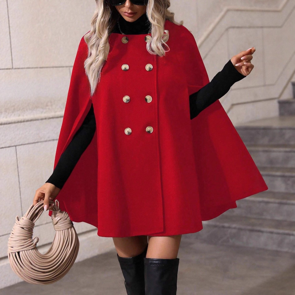 Women’s Double-Breasted Cape Coat – Elegant High Neck Poncho Jacket