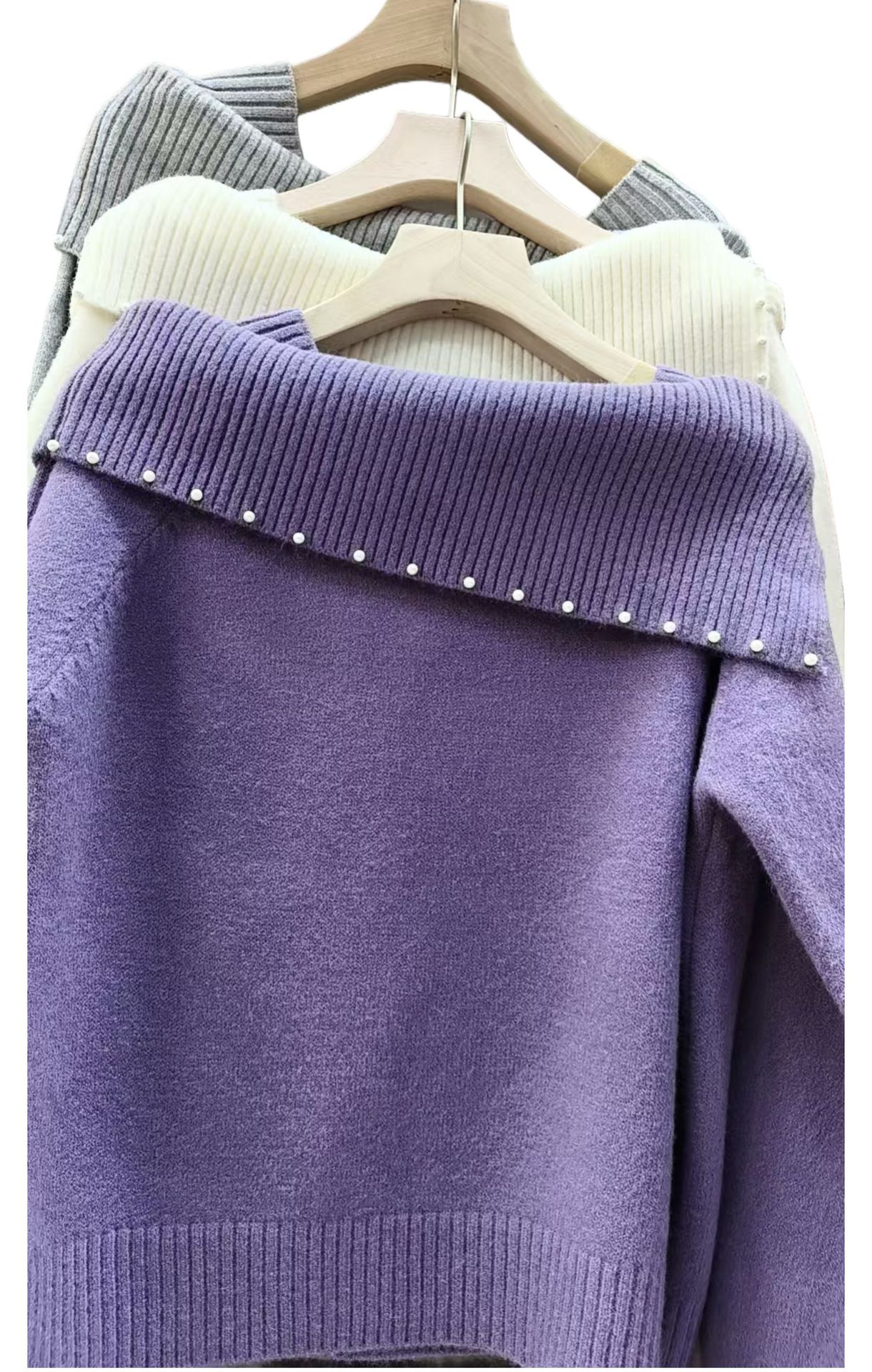 Women’s Pearl Embellished Cowl Neck Sweater – Elegant Long Sleeve Knit Pullover Top