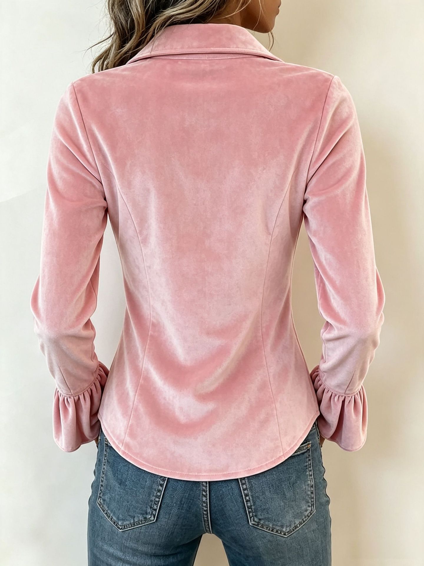 Women’s Velvet Button Down Blouse – Long Sleeve Ruffle Cuff Slim Fit Casual Dressy Shirt