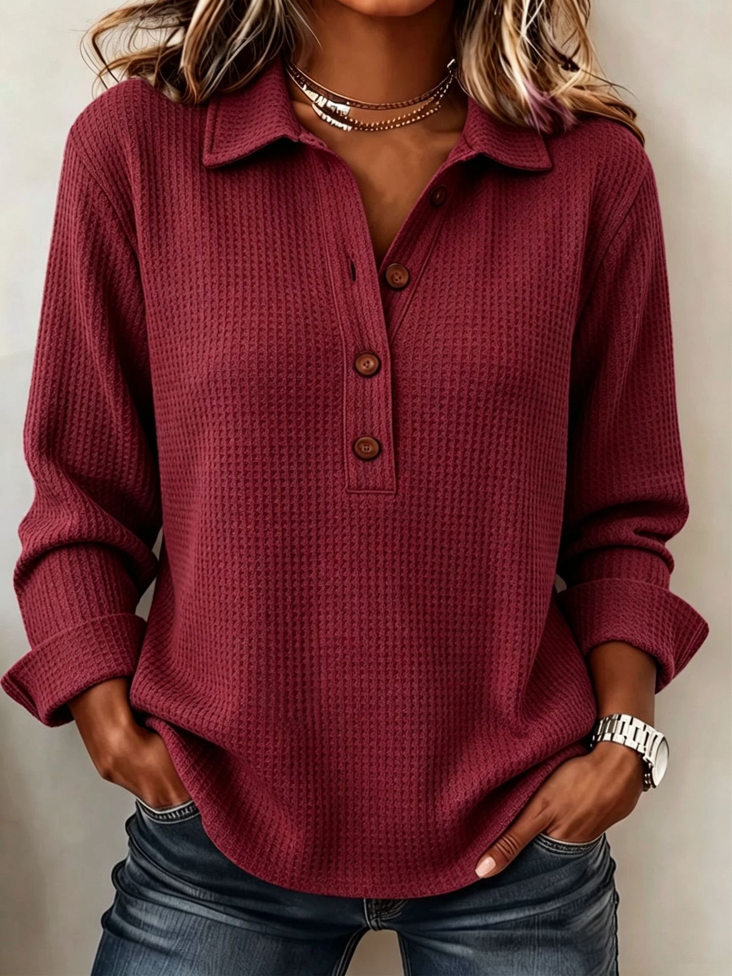 Women’s Waffle Knit Polo Shirt Long Sleeve Collared Pullover Top Button Front Casual Loose Fit Textured Blouse for Fall Winter-gemscharms