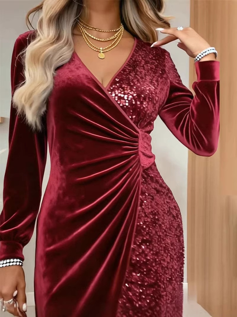 Women's Velvet Sequin Mini Dress V Neck Long Sleeve Ruched Bodycon Party Dress Elegant Cocktail Evening Dress for Women-gemscharms