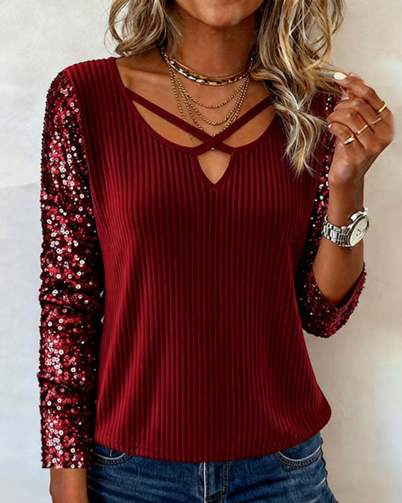 Women's Sequin Sleeve Ribbed Knit Top – Elegant Long Sleeve Blouse with Sparkle Detail