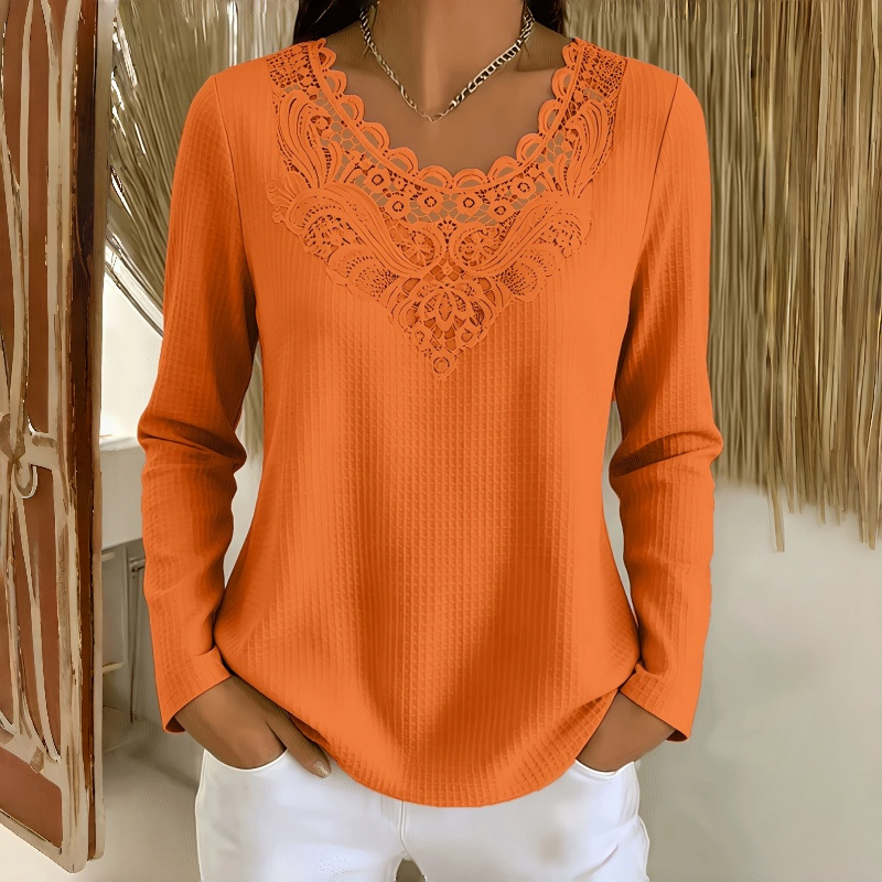 Women's Lace Detail V Neck Long Sleeve Knit Top – Elegant Ribbed Blouse with Crochet Neckline for Casual & Dressy Wear