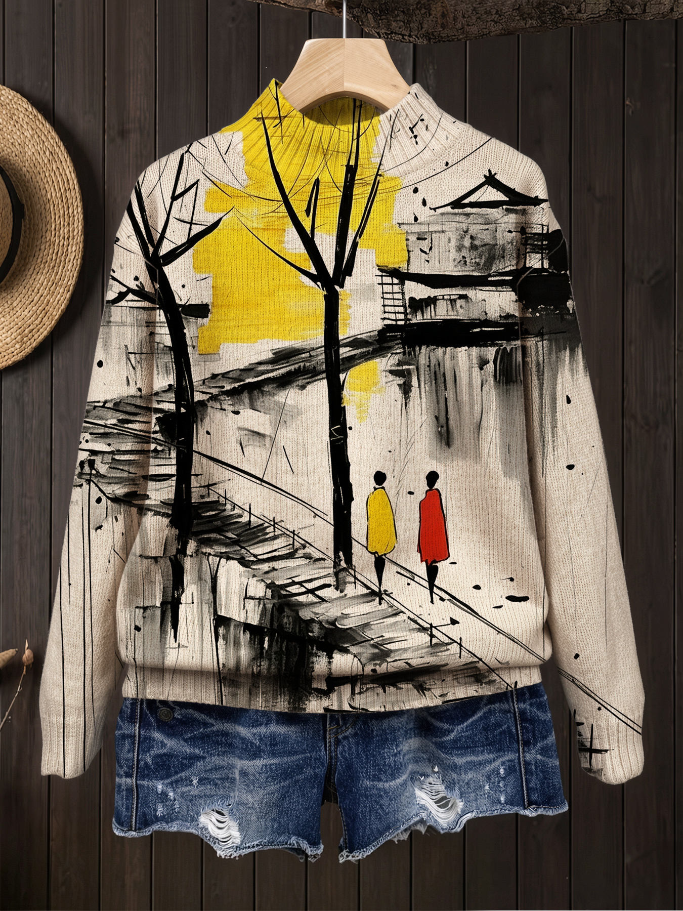 Trendy and Beautiful Women's Abstract Ink Wash Print Sweater, Autumn/winter Chimney Neck Warm Long-sleeve Sweater, Elegant and Versatile Pullover, Suitable for the Office, Streetwear, and Casual Outings