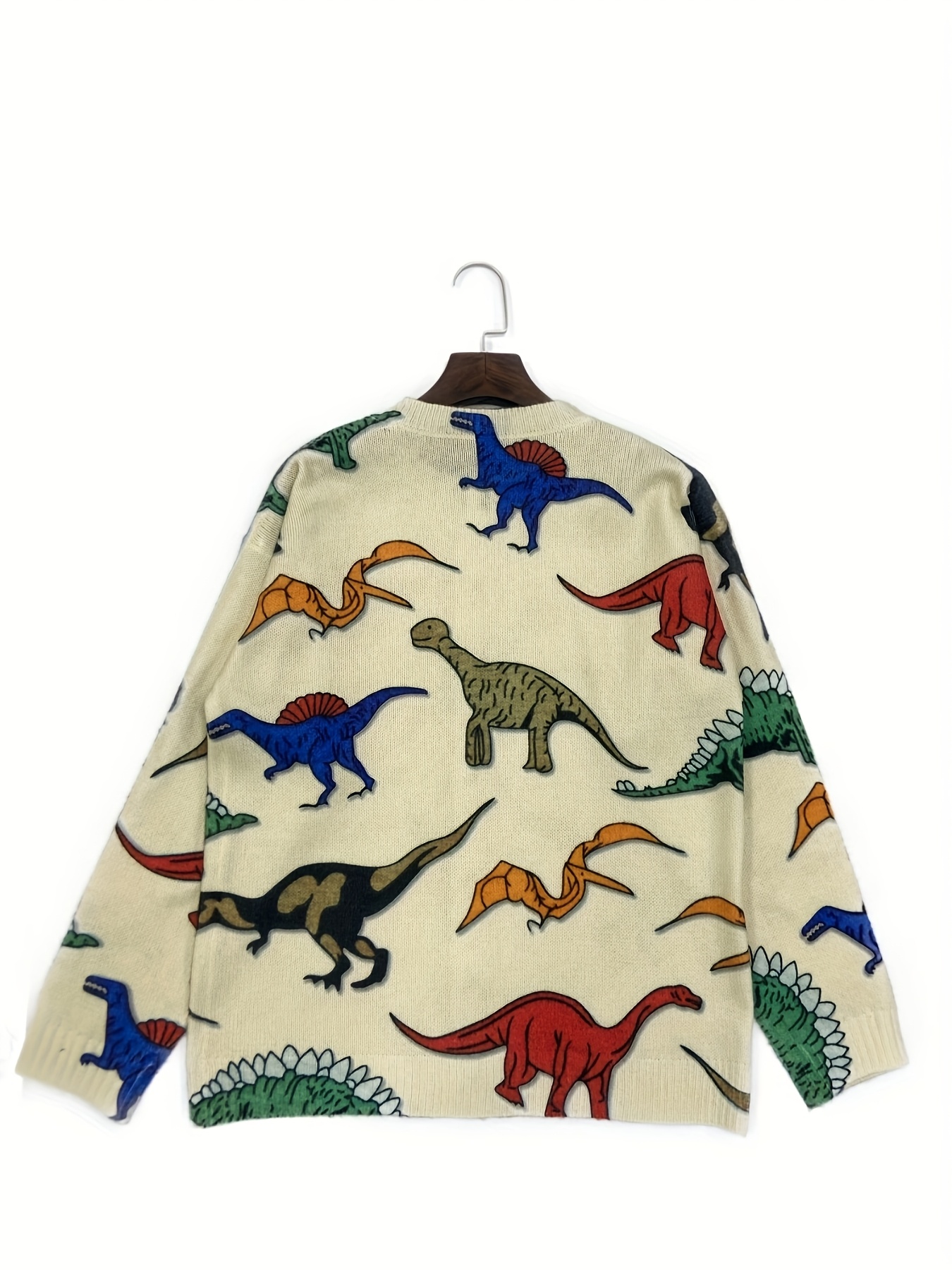 Women's Vintage Dinosaur Print Knit Cardigan, Long Sleeve V Neck Button Down Loose Sweater Coat