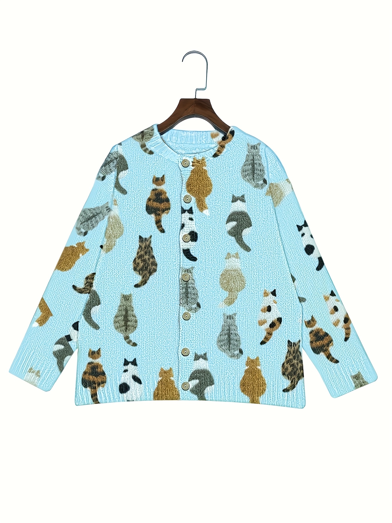Women's Blue Cat Print Knit Cardigan, Long Sleeve V Neck Button Down Loose Casual Sweater Coat