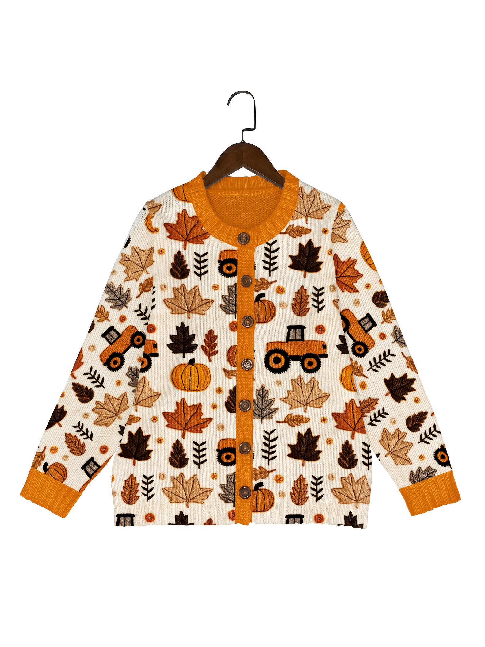 Women's Fall Pumpkin Maple Leaf Tractor Print Knit Cardigan, Long Sleeve V Neck Button Down Loose Autumn Sweater Coat