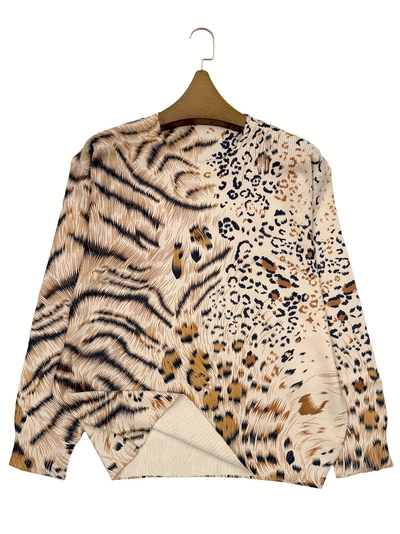 Women's Animal Print Sweater Long Sleeve Knit Top Casual Loose Fit Crew Neck Pullover Shirt Fall Winter Fashion