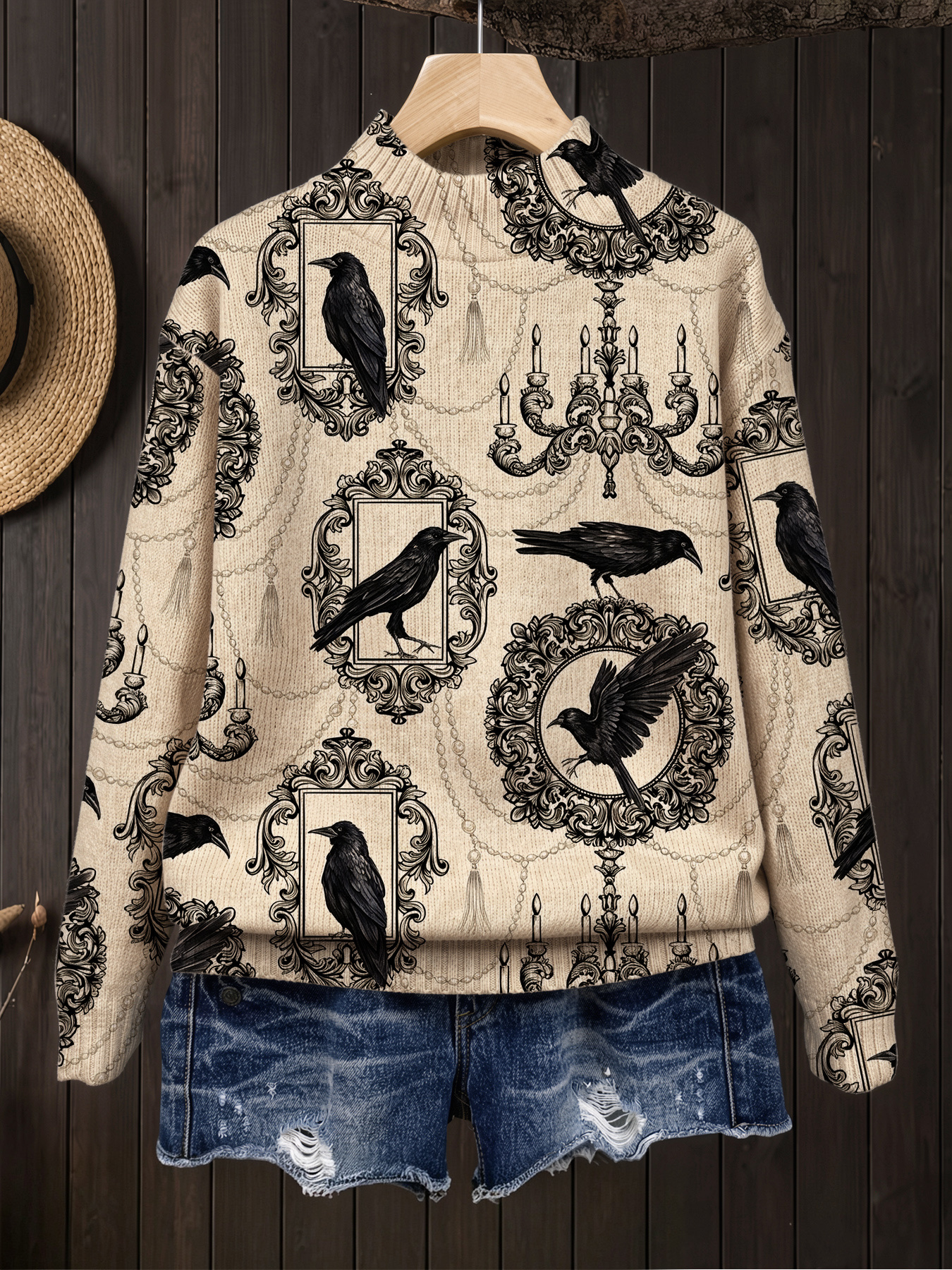 Women's Gothic Raven Print Turtleneck Sweater, Vintage Baroque Chandelier Pattern Long Sleeve Pullover Top, Casual Fall Winter Graphic Sweatshirt (Printed Design, Not Textured Knit)