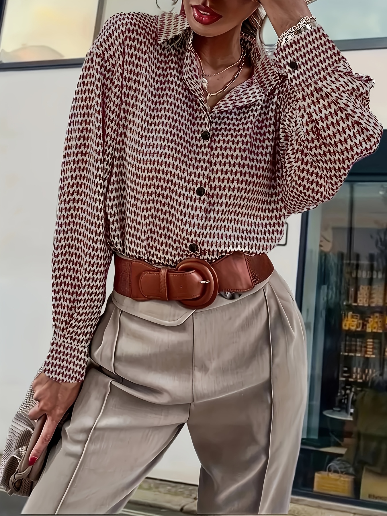 Women's Geometric Print Lapel Collar Long Sleeve Button Down Shirt, Elegant Loose Fit Casual Blouse Top