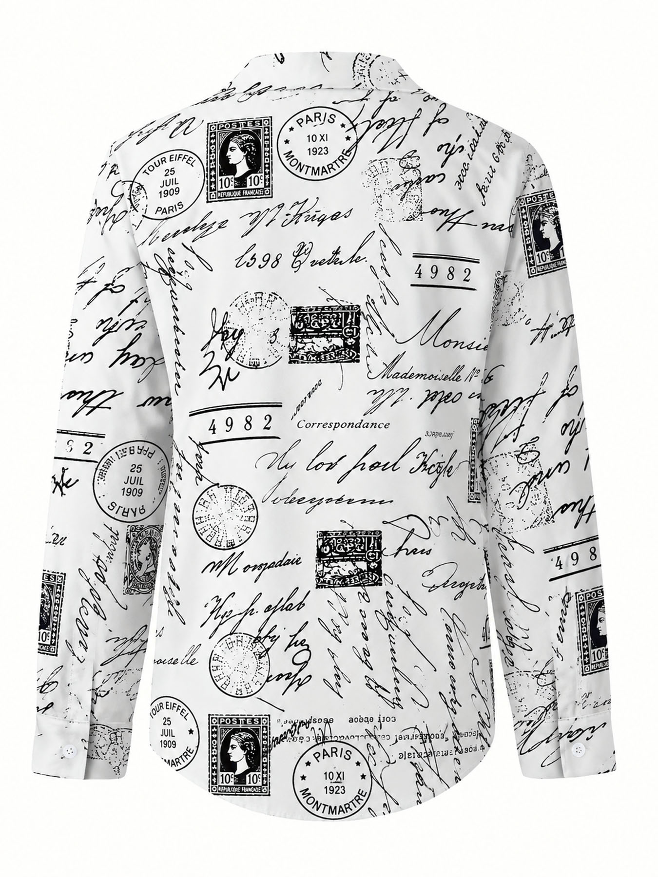 Women's Vintage Paris Postage Stamp Print Shirt, Lapel Collar Long Sleeve Button Down Casual French Style Blouse Top