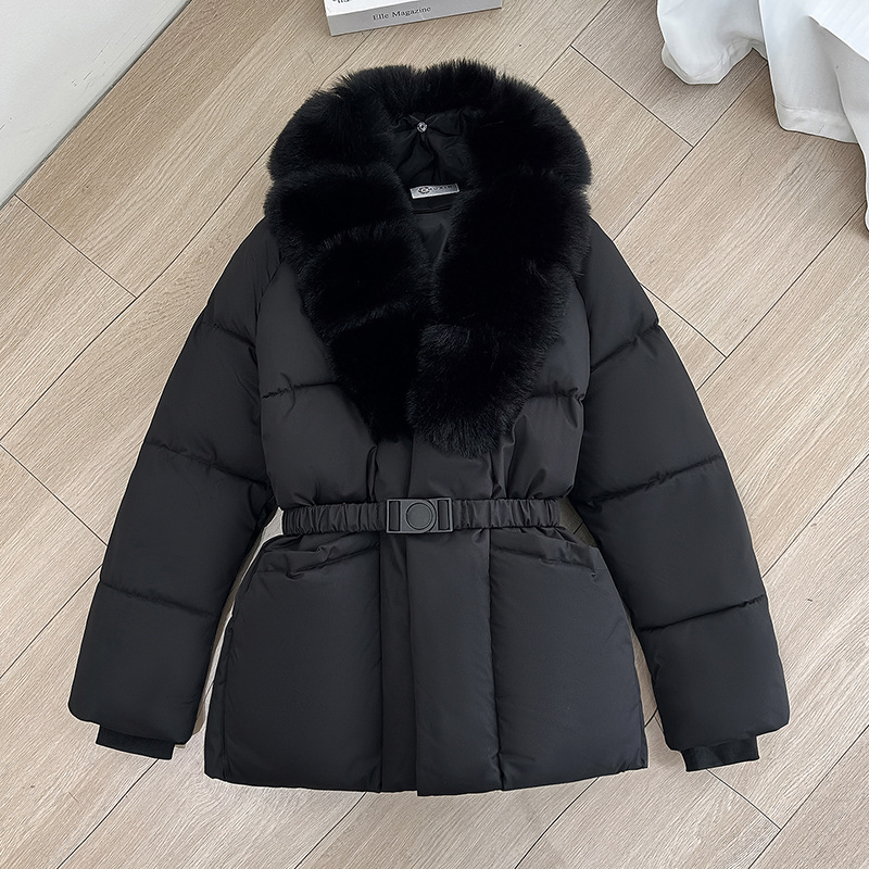 Women's Winter Puffer Jacket with Faux Fur Collar, Polyester Warm Coat, Belted Waist Short Quilted Outerwear, Fashionable Cold Weather Jacket