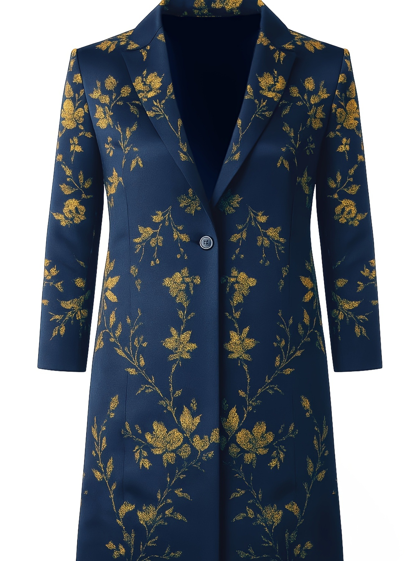 Women's Satin Floral Print Long Blazer Coat, Elegant Notched Lapel Open Front Jacket, Vintage Chic Mid-Length Outerwear for Fall and Winter