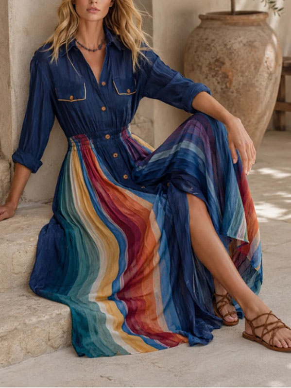 Women's Denim Maxi Dress, Button Down Shirt Dress with Colorful Striped Flowy Skirt, Long Sleeve Collared Dress with Elastic Waist, Boho Vacation Outfit