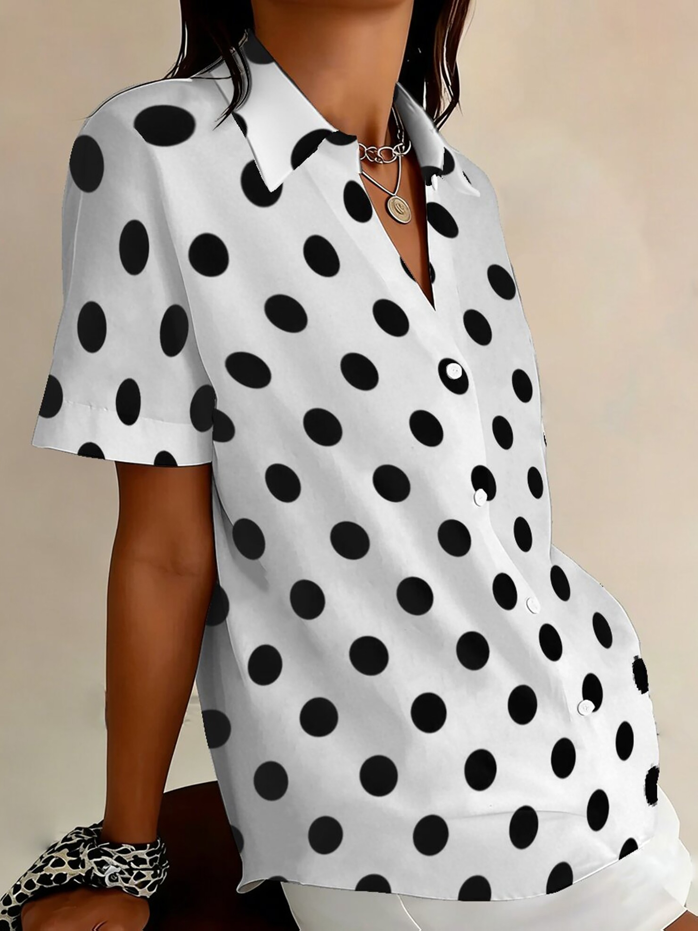 Plus Size Women's Casual Short Sleeve Black Polka Dot Print Button-Up Shirt Fashion Collared Cardigan