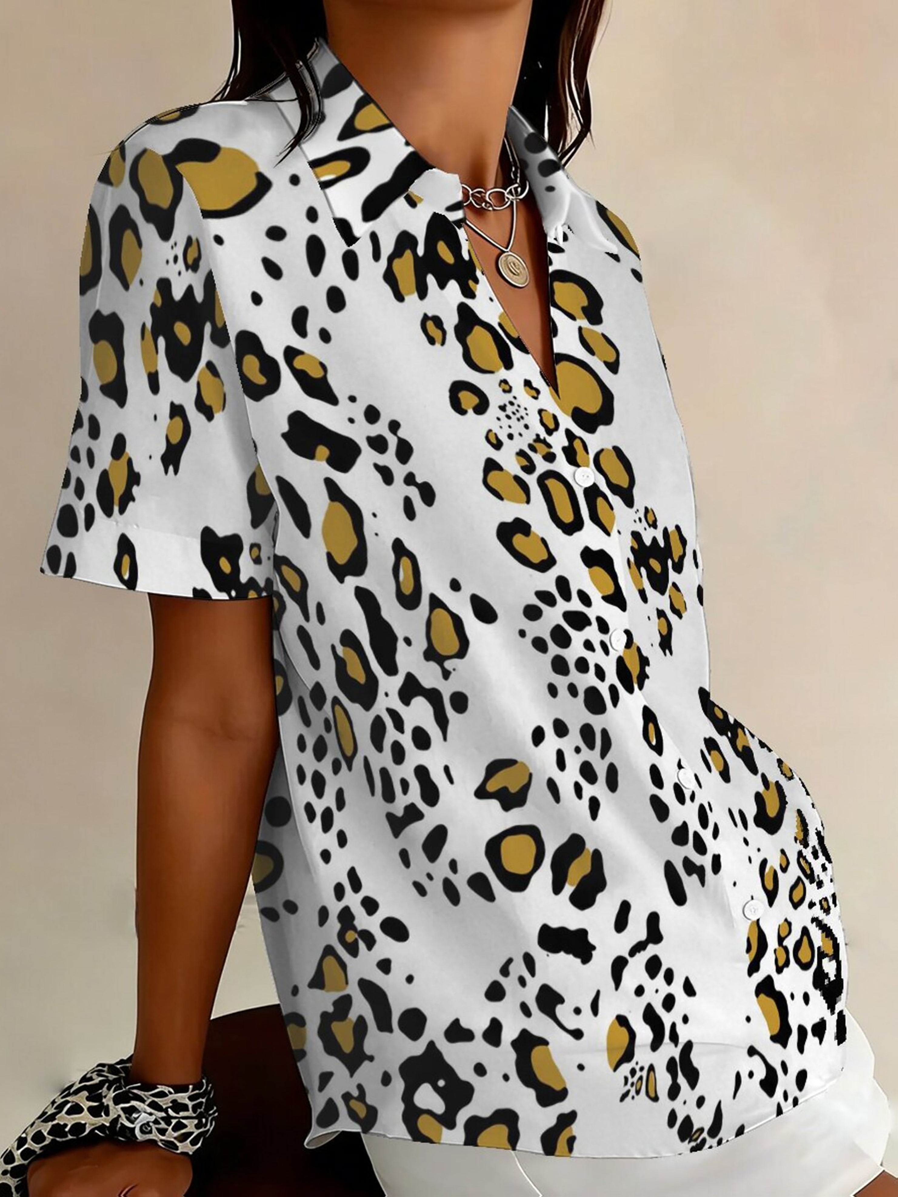 Women’s Leopard Print Button-Up Shirt – Short Sleeve Casual Blouse