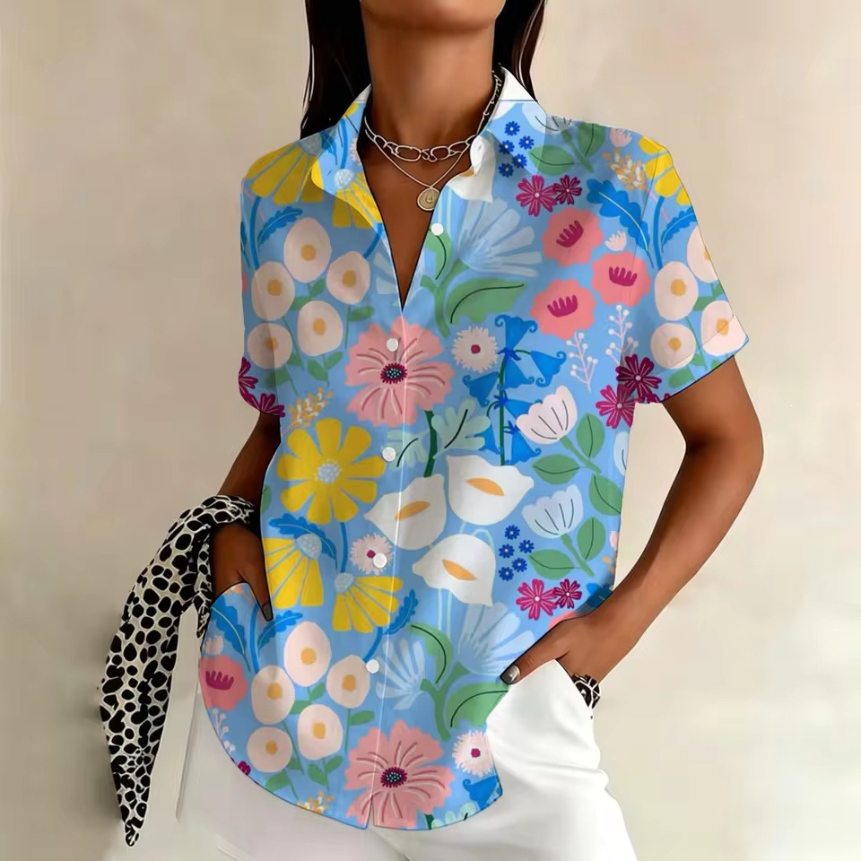 Women’s Floral Print Short Sleeve Button-Down Shirt – Lightweight Polyester Blouse