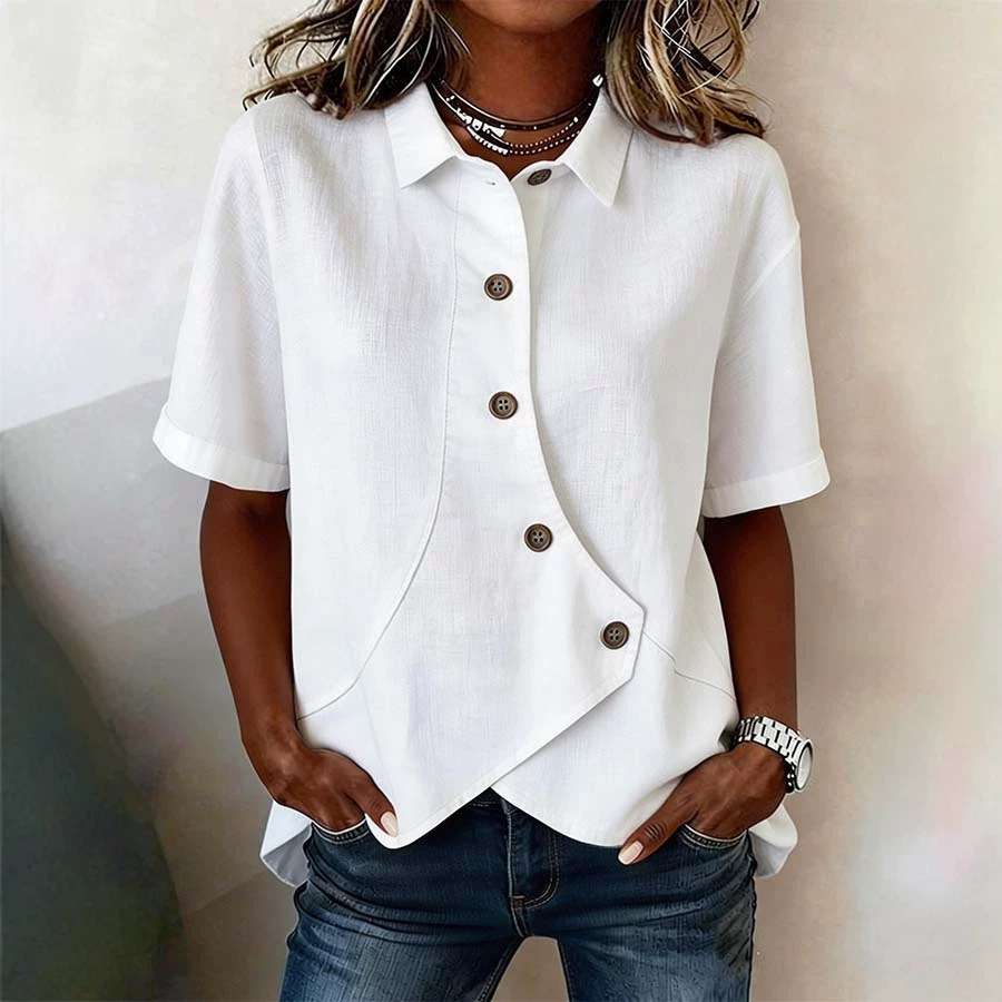 Women’s Solid Color Short Sleeve Button Blouse – Cotton Linen Blend Casual Commuter Shirt