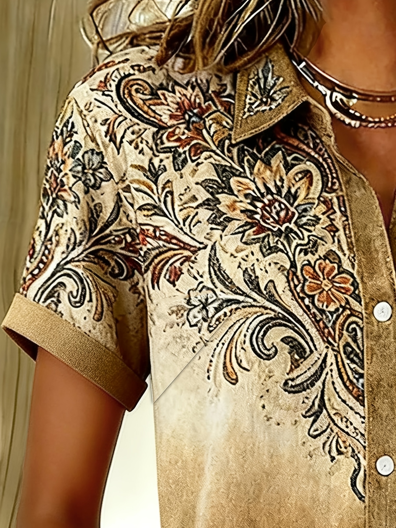 Women Vintage Paisley Floral Gradient Short Sleeve Button Down Shirts, Lightweight Polyester Lapel Collar Pocket Blouses, Casual Loose Fit Summer Tops-gemscharms