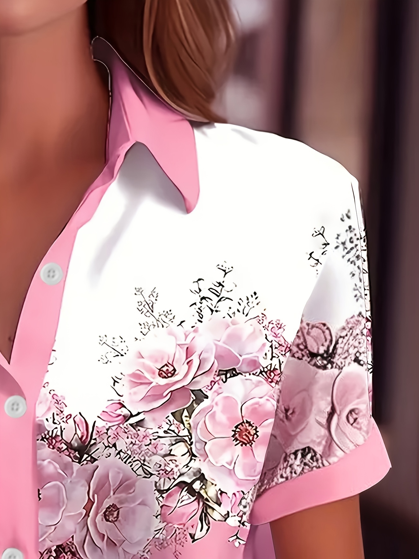 Women Pink Rose Floral Color Block Short Sleeve Button Down Shirts, Lightweight Polyester Lapel Collar Pocket Blouses, Casual Loose Fit Summer Printed Tops