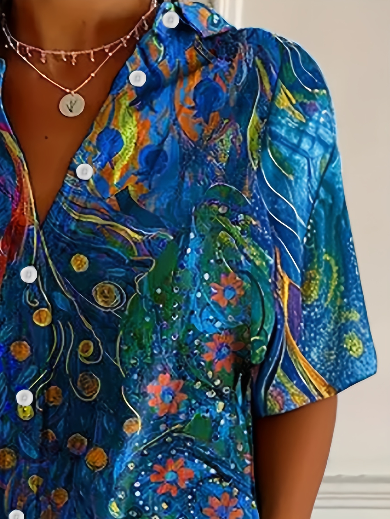Women’s Bohemian Floral Print Short Sleeve Shirt – Polyester Casual Button-Up Blouse