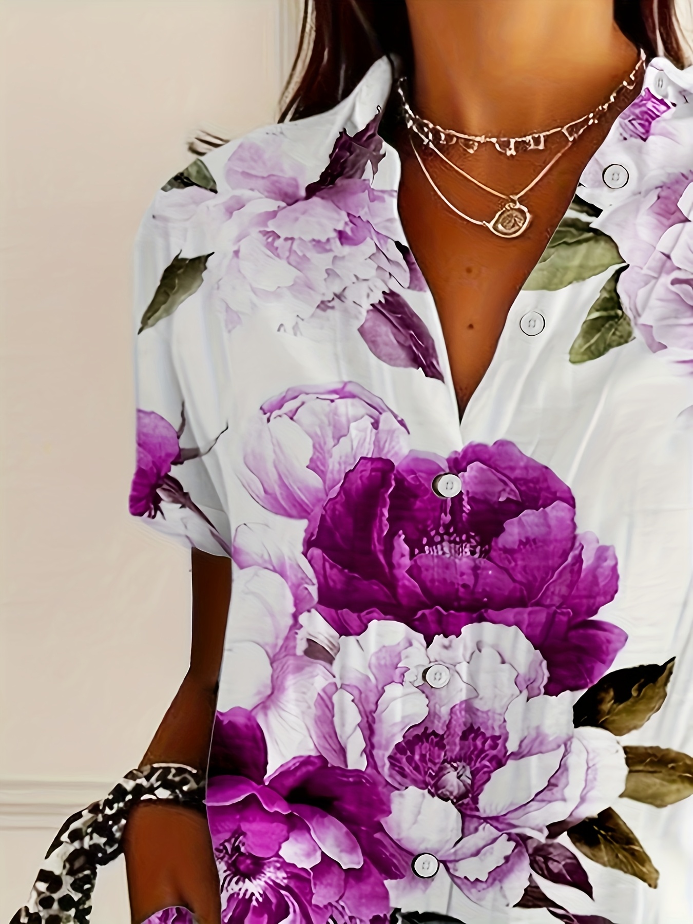 Women’s Short Sleeve Collared Button Down Shirt, Lightweight Polyester Watercolor Purple Peony Floral Print Casual Blouse with Side Pockets for Summer Vacation