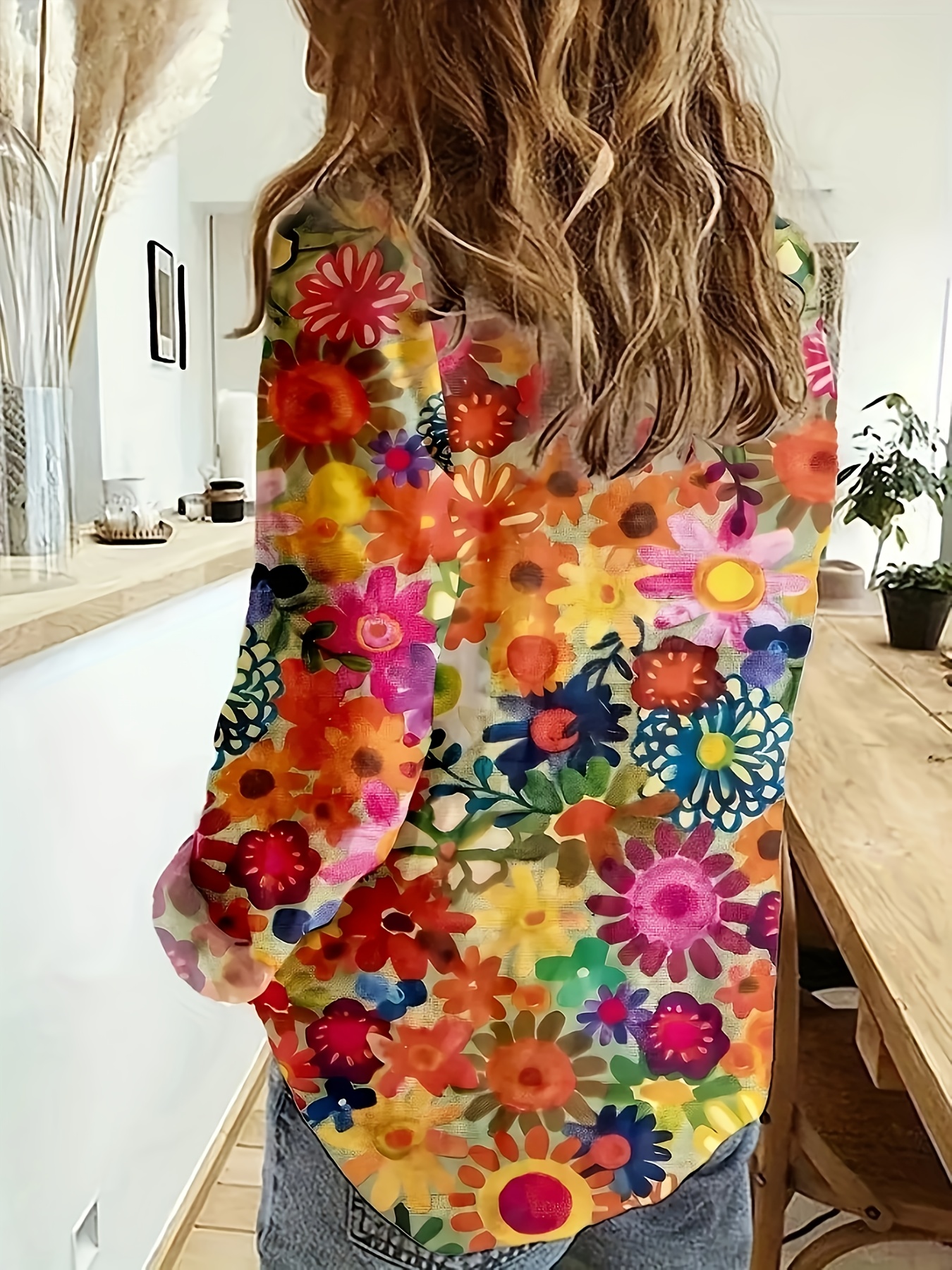 Women’s Floral Print Button Down Shirt Colorful Long Sleeve Blouse Casual Loose Fit Top for Spring Summer Vacation Office Wear