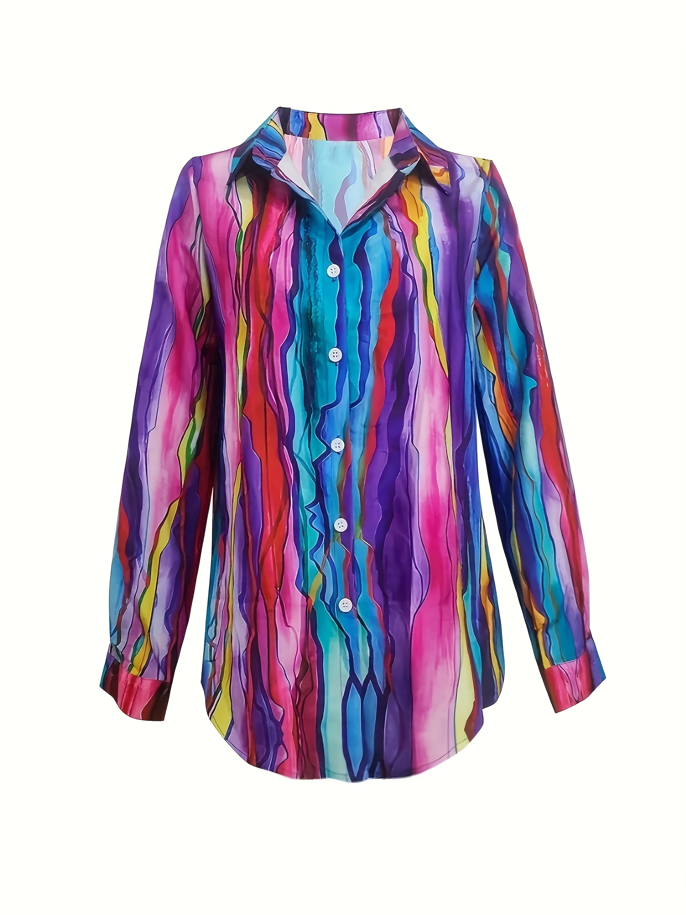 Women’s Colorful Abstract Print Button Down Shirt Long Sleeve Blouse Casual Loose Fit Top Lightweight Artistic Vacation Shirt
