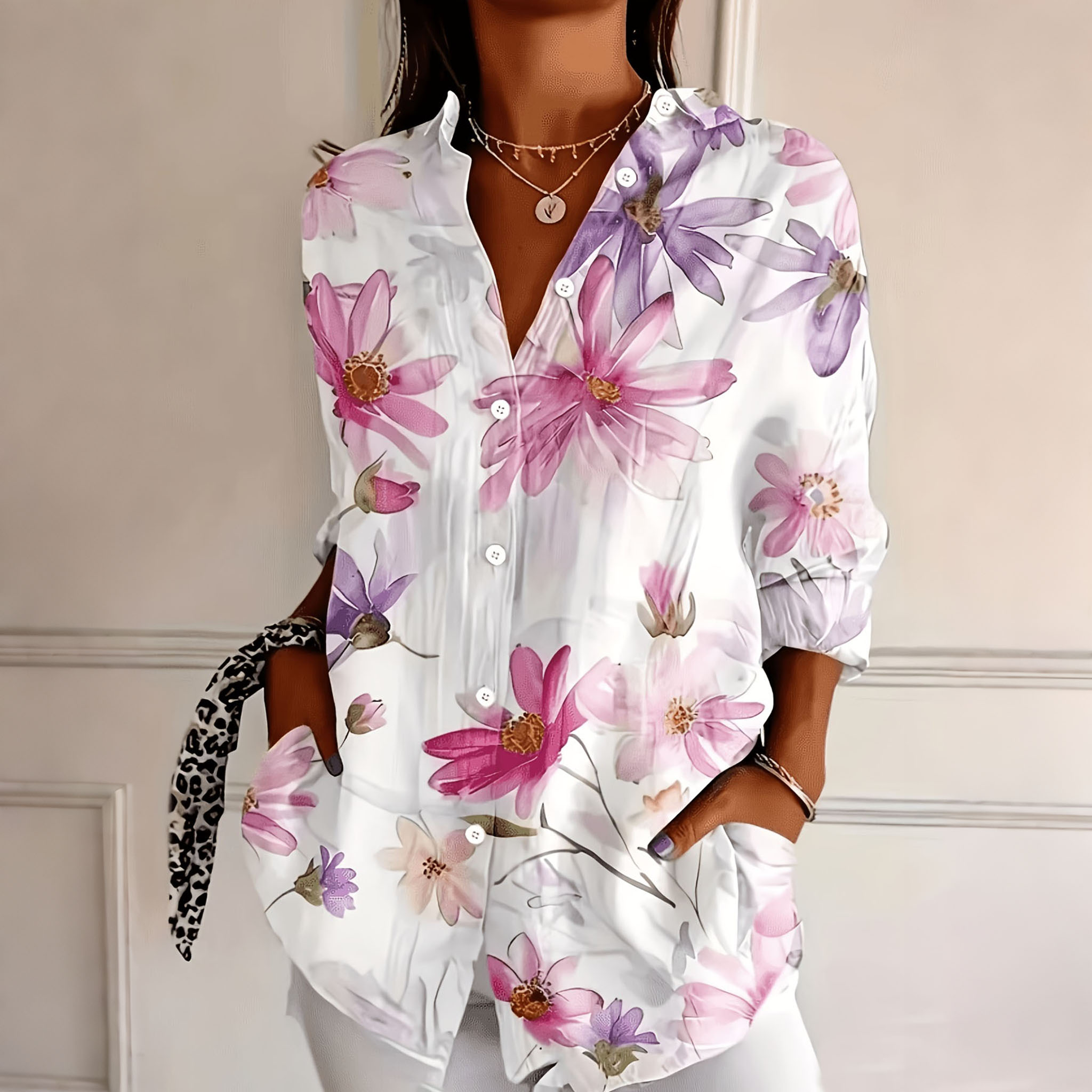 Women’s Floral Print Button Down Shirt Pink Flower Blouse Long Sleeve Casual Loose Fit Top Lightweight Elegant Vacation Shirt