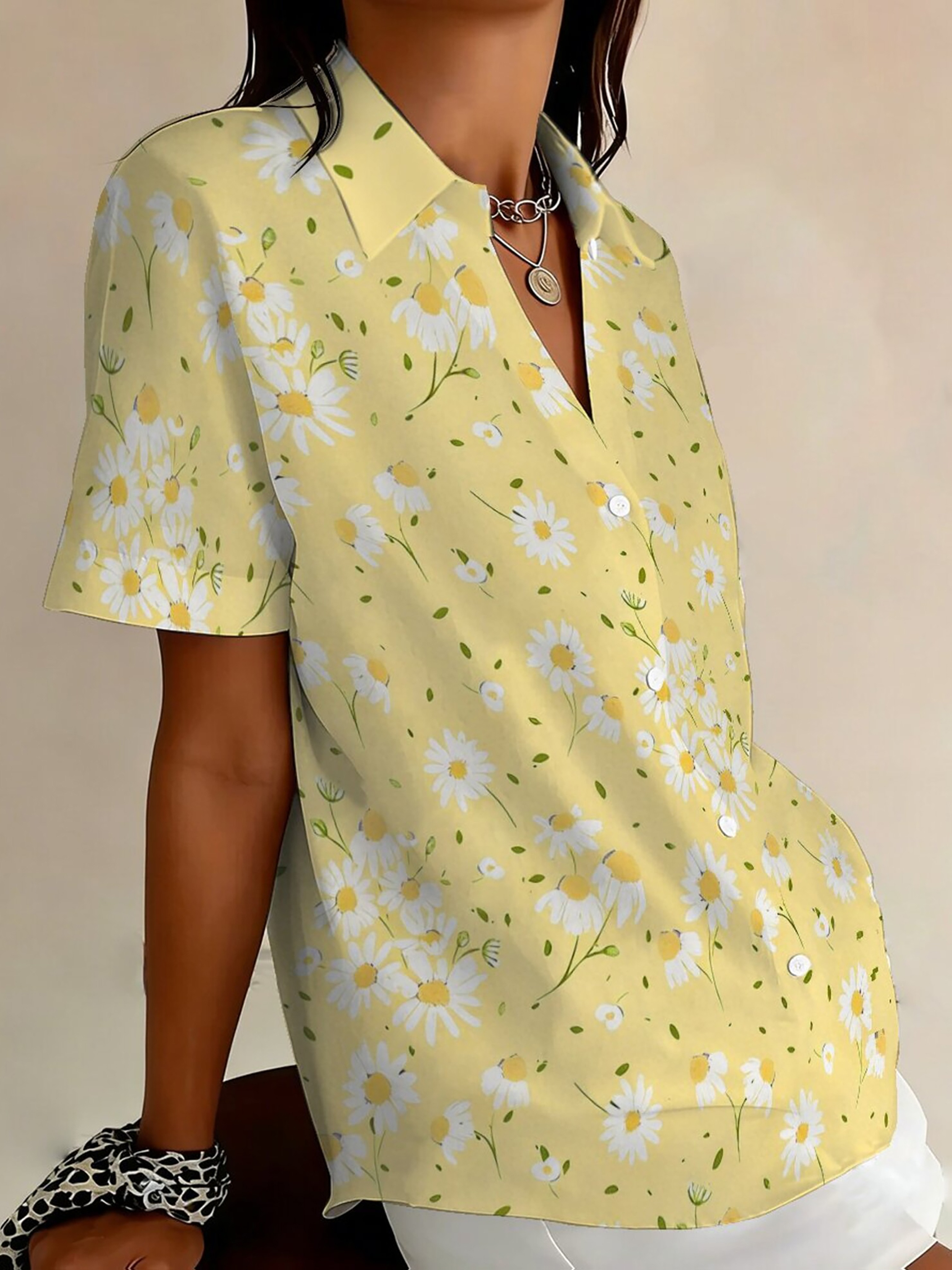 Women's Floral Print Button Down Shirt Short Sleeve Casual Blouse Lightweight Polyester Collared V Neck Summer Tops Loose Fit Shirts for Women