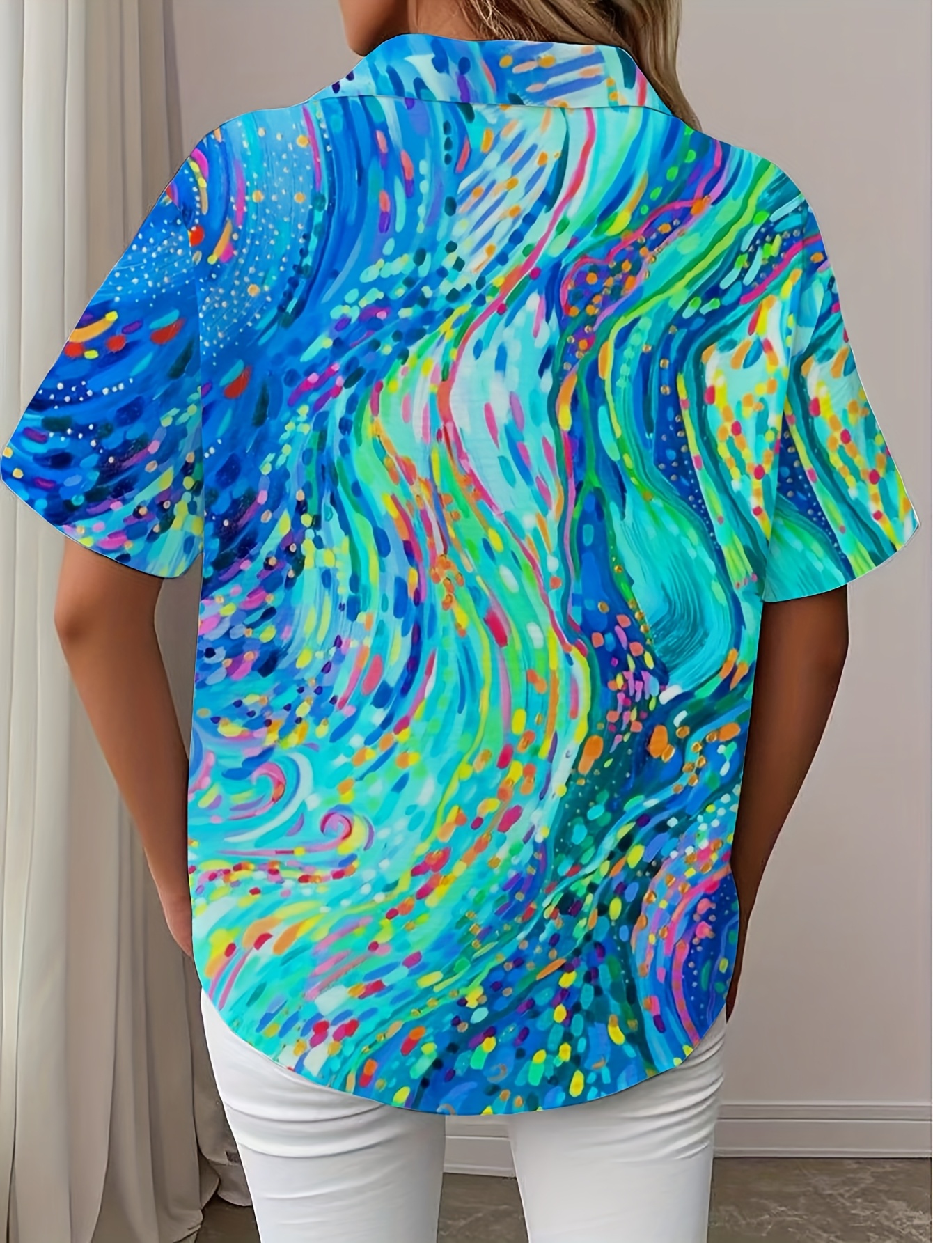 Women's Colorful Abstract Print Short Sleeve Button Down Shirt, Lightweight Polyester Casual Blouse, Loose Fit Collared Vacation Beach Shirt, Summer Fashion Tops for Women